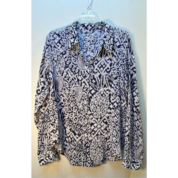 Lilly Pulitzer women’s navy blue peacock button front blouse size L #38-1692 - Picture 1 of 6